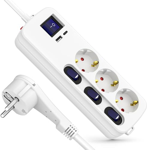 Realmade Steckdosenleiste 3-Fach mit Einzeln Schaltbar mit USB-A USB-C 3,4 A