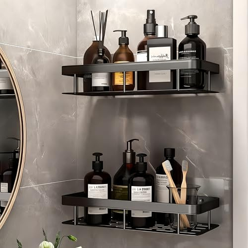 Uwenkjie Double Layer Shower Soap Dish, Black Space Aluminum No-Drilling Wall-Mounted Bathroom Storage Soap Dispenser Organizer Box