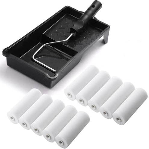 SDFNBRA Lackierset 10 x Schaumwalze 11 cm fein winkelwalze, 1 x Farbroller Bügel, 1 x Farbwanne, Lackierrolle Schaumstoff Rollen für Türen, Möbel, Kreidefarbe & Glatte Flächen und Hausrenovierung