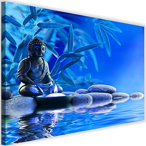 Feeby Leinwandbild XXL Buddha Wandbild Kunstdruck Wasser Steine Blätter blau 115x75 cm