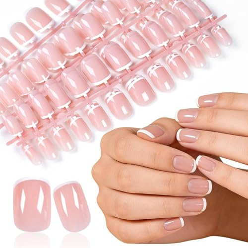 UUKILT Press On Nails - Natural Pink French Tip Press Ons Squoval Medium, Acrylic Thick Lady Nail in 12 Sizes - 120pcs Fake Nails Kit