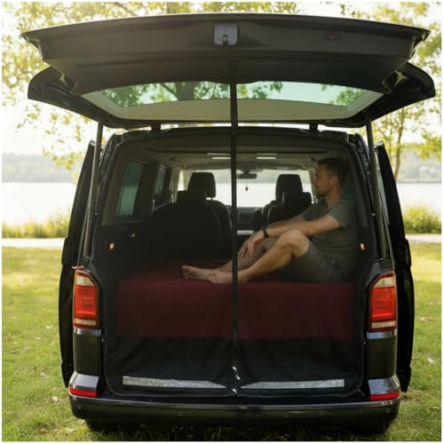 Soulian Sonnenschutz Auto Heckklappen Passend für VW T5 T6 Camping Zubehör Magnetisch Anti-Mücke Belüftung und UV-Schutz Schattennetz Camping Reise Auto Zubehör