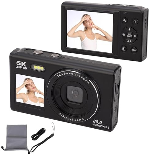 BuyWeek Fotocamera Digitale 5K 80 MP con WiFi, Zoom Digitale 18X Autofocus Fotocamera per HD con Doppio Schermo 2,8 Pollici e 1,5 Pollici, Flash Integrato, con Scheda di Memoria 64 GB (Nera)