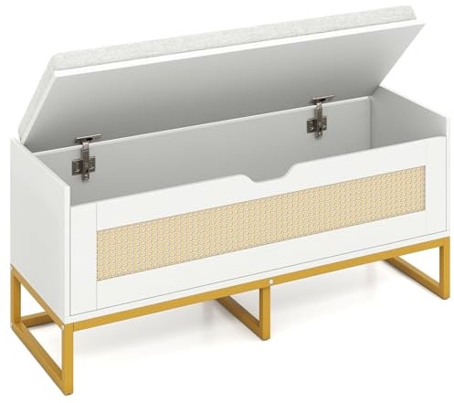 COSTWAY 71L Panca Scarpe con Seduta Imbottita, Cassa Portaoggetti in Rattan con Coperchio Ribaltabile, Panchina da Ingresso con Spazio Nascosto, 100x35x44 cm (Bianco)