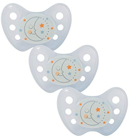 dentistar Night Silikon Schnuller 3er-Set - Größe 1 Schnuller 0-6 Monate - Glow in the Dark Nuckel mit Dentalstufe – BPA-frei – Made in Germany - Mond, Blau