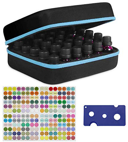 DECARETA 30 Bottles Essential Oils Handle Carrying Case,Waterproof Rigid Shell Essential Oil Storage Box with Label Stickers and Bottle Opener,Perfect for Essential Oil 5ml 10 ml (Blackand Blue)