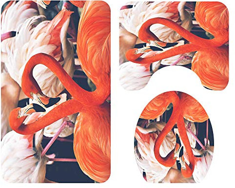 Morbuy 3-teiliges Badvorleger-Set Duschmatte + Konturmatte + WC-Deckelbezug, Weihnachtsmann rutschfeste Badvorleger für Küche, Papagei Flamingo Drucken (Flamingo)