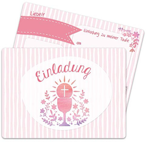 Papierdrachen 12 Einladungskarten zur Taufe - Motiv Kelch und Blumen rosa - Einladung zur Heiligen Taufe für Mädchen und Jungen - hochwertig gedruckt in DIN A6