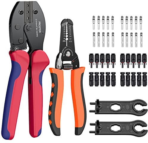 Proster Herramienta de crimpado solar para 2,5/4,0/6,0 mm² – Kit de herramientas de crimpado fotovoltaico pelacables y cortador 10 pares de conectores macho hembra, 1 par de llaves de montaje de