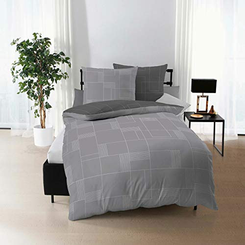 Traumschlaf stilvolle Biber Bettwäsche Uptown aus 100% Baumwolle mit Reißverschluss - ideal für den Winter 240x220 cm + 2X 80x80 cm, Zinn