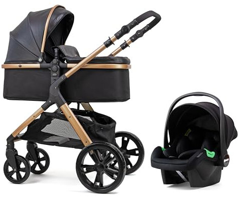 Pixini Arizona Kinderwagen Set 3in1 gold/schwarz Kunstleder