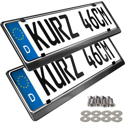 2 Kurze Kennzeichenhalter in Edelstahl für 46cm Kennzeichen - 100% Edelstahl - auch passend für gebogenen Stosstangen- INOX C.4580 460mm Halter (Black-Chrom)