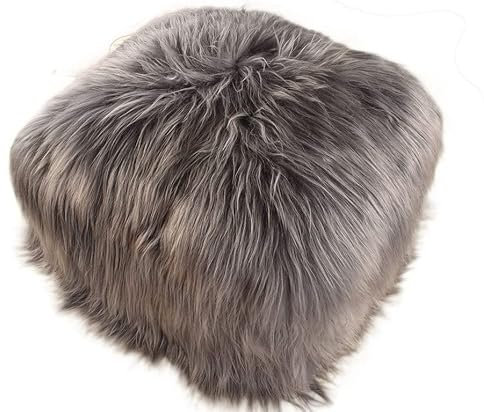 generisch Lammfell Hocker Ottomane Fußhocker Pouf aus echtem Island Lammfell grau 60 x 60 x 30 cm aus echten Island Öko Lammfellen mit Schaumperlen Füllung