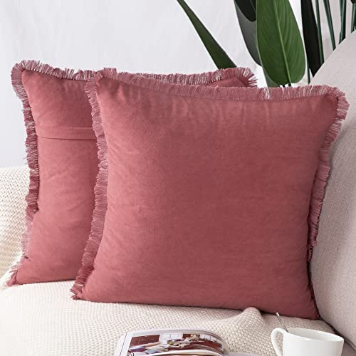 Madizz 2er Set Kissenbezügen aus Wildleder mit Fransenquasten Weiche dekorative Kissenbezüge für Sofa Schlafzimmer Kissenhülle Rosa 45x45 cm Quadrat