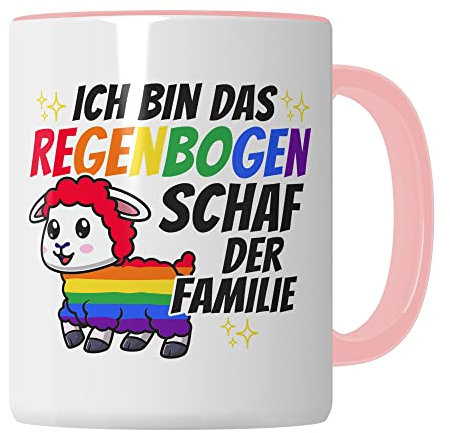 LGBTQI+ Tasse, Ich bin das Regenbogen Schaf der Familie, Gay Pride Geschenk Spruch lustig Motiv Geschenkidee Kaffeetasse outing LGBT queer schwul lesbisch Spruch (Weiß/Pink)
