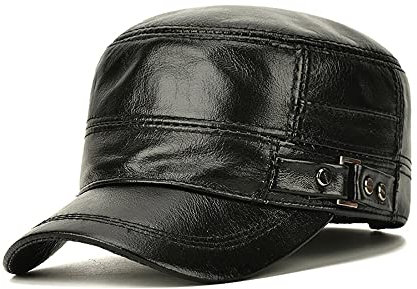 Herren Vintage Leder Militär Kappe Flat Top Winter Warm Male Cadet Army Caps Einfarbig für kaltes Wetter, 118-schwarz, Einheitsgröße