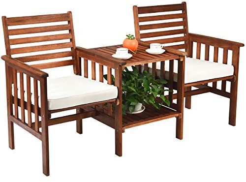 COSTWAY Salon de Jardin en Bois d’Acacia 2 Personnes Charge 160KG, Ensemble de Meubles avec Table Basse 2 Chaises et Coussin Trou de Parasol de 5CM, pour Jardin Cour Bord de Piscine (Blanc)