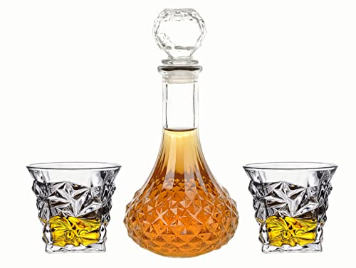 Lead-Free Crystal Decanters Set with Glasses, 27oz Elegant Liquor Carafe with Ornate Solid Glass Stopper and 6 Matching Whisky Tumblers,Perfect for Scotch Whisky, Bourbon, Cognac, Tequila
