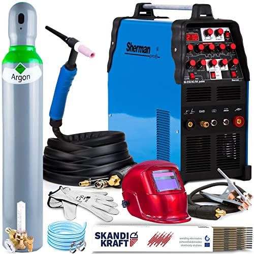 Sherman TIG 210 AC/DC Pulse - 200A WIG Schweißgerät AC DC mit Puls und präziser Steuerung - Profi HF-Zündung WIG Puls Schweißgerät für Aluminium mit MMA-Schweißmodus - Set: ProfessionalPlus