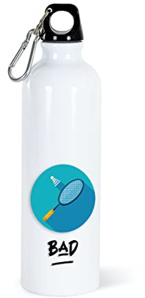 Gourde Badminton Sport 750ml Bouteille d’Eau Aluminium Réutilisable Ecologique avec Mousqueton. Idée Cadeau Original Humour Bad Homme Femme Enfant Ami Utile Voyage Collègue Anniversaire Noël