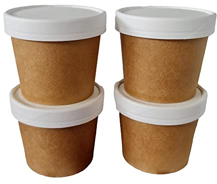 SHC Web 10 x 100ml Kraft Cardboard Pots with Lids - Eco Friendly - Takeaway Food/Sweets/Sauce/Ice Cream - Confetti Tubs - Hot/Cold Portion Storage - Art/Craft - Party/Favours