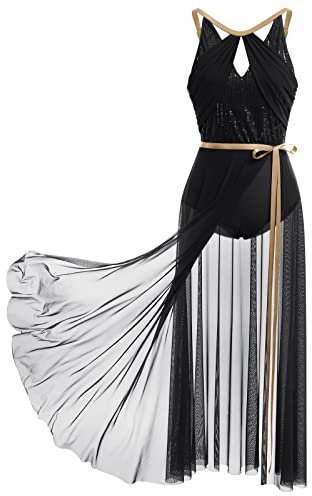 FYMNSI Damen Lyrisch Tanzkleid Ballettkleid ?rmellos Pailletten Trikot Mit Wickelrock Maxikleid T?ll Langes Trikotkleid Modern Contemporary Tanzkost?me Turnanzug B?hnenanzug Kost?m Schwarz XS