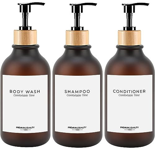 Frosted Heavy Duty Shampoo and Conditioner Bottles, Apothecary Dispenser Bamboo Pump, Refillable Shampoo Bottles for Shampoo Lotion Oil Shower Soap Hand Soap and Dish Soap (Matte Amber)