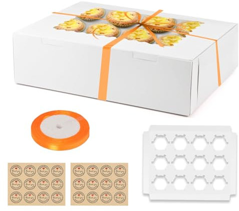 10Pcs 12 Hole Cupcake Boxes with Window, White Clear Window Cupcake Containers with Ribbon and Stickers, Cake Bakery Boxes for Pastries, Ideal for Birthday Party, Carrying Displaying Treats (A)
