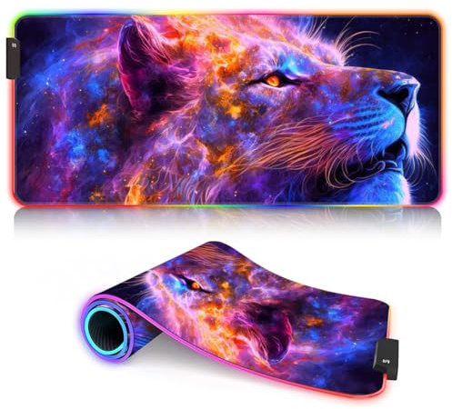 Tapis de Souris de Jeu à LED RGB étendu Animal Lion Galaxy avec Tapis de Souris de Jeu Extra Large pour Ordinateur PC Portable Tapis de Bureau étanche avec Base antidérapante 30 x 80 cm