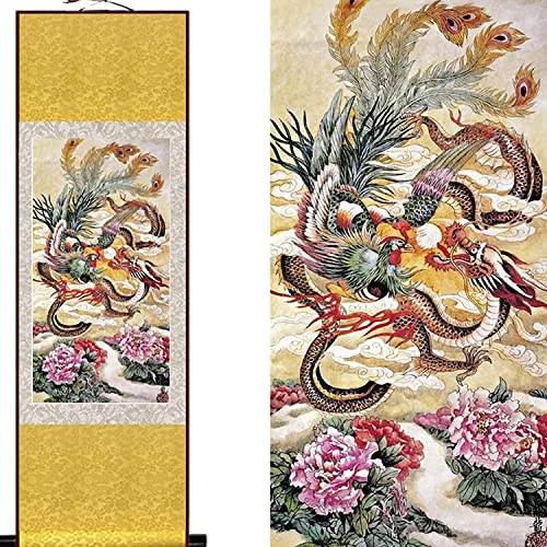 PULaif Chinesische Wandrolle, Wandkunst, chinesische Rollbilder hängende Kunst, Drachen- und Phönix-Feng-Shui-Wanddekorationen for Schlafzimmer, Zuhause, Büro, Wohnzimmer-Ornamente,A