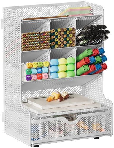 EasyPAG 9 Compartiments Métal Organisateur de Bureau Range Bureau Rangement Bureau Pot à Crayon Porte Stylo avec Tiroir,Blanc