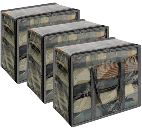 Vieshful 3 Stück Aufbewahrungstasche für Kleidung mit Verstärktem Griff Faltbare Unterbett Aufbewahrungsbox Vinyl Organizer für Bettdecke 40L Grau