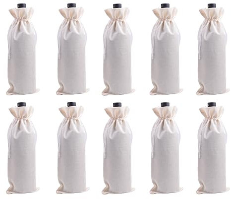KONMAY 10 Stück Crème Weintasche mit Kordelzug, 15x35cm Jute Weinbeutel, Wiederverwendbare Sackleinen Wein-Geschenkbeutel, Weinflaschenbeutel, Weinbeutel für Hochzeit, Party, Blindverkostung