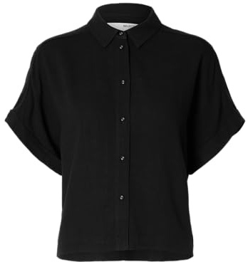 SELECTED FEMME Damen Bluse elegant Knopfleiste Hemdkragen Kurzarm gerader Saum, Farben:Schwarz-3, Größe:34