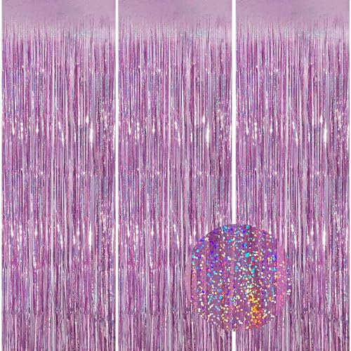 SAHMVER 3 Pcs Foil Fringe Curtain, Pink Metallic Tinsel Curtains Streamers for Photo Backdrop, Doorways, Party Decorations for Birthdays, Baby Showers, Wedding