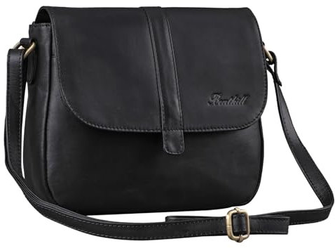 Benthill Damen Tasche aus Echt-Leder - Handtasche aus Rindsleder - Schultertasche mit Reißverschluss - Vintage Umhängetasche, Farbe:Schwarz