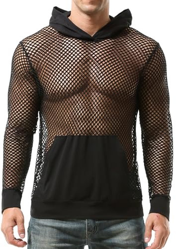 AIEOE Sudadera con capucha de red para hombre, de malla, transparente, de manga larga, informal, transpirable, con abertura superior, Negro, M