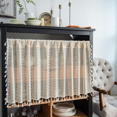 Scheibengardine, Baumwolle Hohl Stickerei Scheibengardine Landhausstil Bistrogardine Spitzen Vorhänge Halbtransparent Vorhang Boho Kurze Vorhang für Wohnzimmer Schlafzimmer Küche (150 x 45 cm)