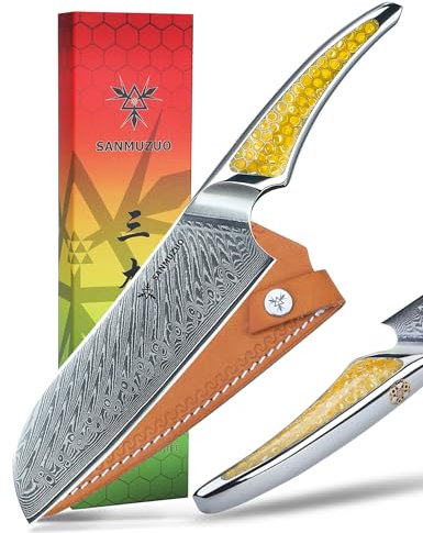 SANMUZUO Couteau Santoku 18 CM, couteau de chef japonais en acier Damas VG-10, couteau de cuisine ultra tranchant avec manche pleine soie en résine Jaune, série LA-S9
