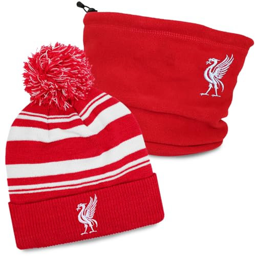 TeddyT's Liverpool Red Liver Bird Thermal Fleece Snood & Stripy Sports Bobble Hat