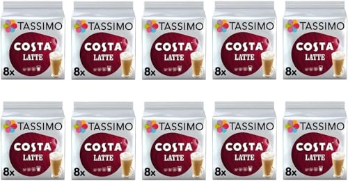 Tassimo Costa Latte Coffee Pods 16 discs, 8 servings (Pack of 10, Total 160 discs, 80 Drinks)