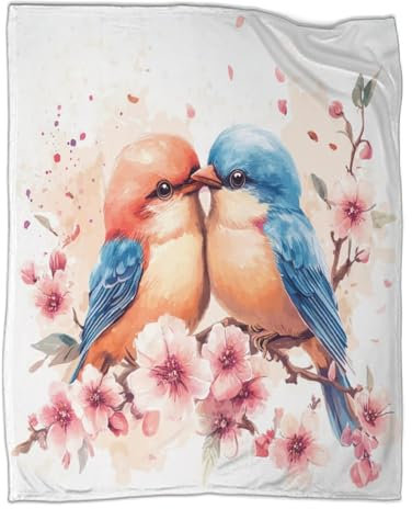 KWPGMDRY Vögel in Love Decke Teenager Pink Blumen Bedruckte Decke Flauschig Weich Bequeme Plüschdecke Passend Für Schlafsofa Sofa 70x80inch(180x200cm)