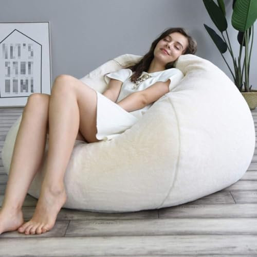 TJikeo Sofa Lazy Sack Bezug, Abnehmbarer Sitzsack Hülle Schutz mit Reißverschluss (ohne Füllstoff) Kuschelig Weich Waschbar Drinnen Bodenkissen Sitzsack Bezug White,Weiß,90 x 110cm