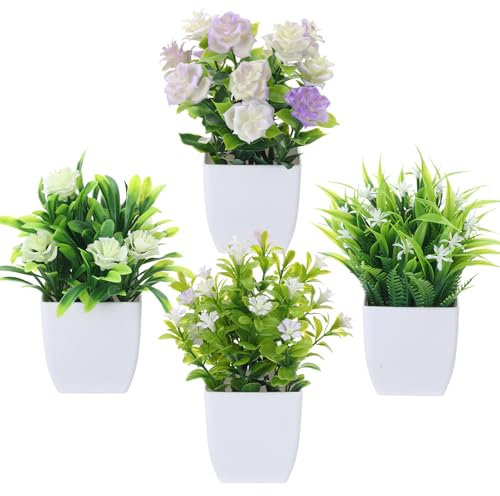 saerryor 4 Pack Small Artificial Plants Indoor Outdoor, Greenery Potted Plastic Fake Flowers Plants, Mini Artificial Plant in Pot, Faux Plant for Home Bathroom Office Table Garden Decor