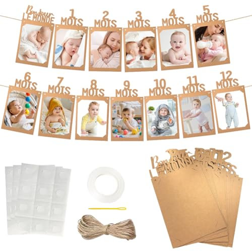 Banderole Photo Anniversaire 1 an, Bébé Photo Bannière 0-12 Mois pour Garçons & Filles - Décoration de Guirlande pour Fête de Premier Anniversaire