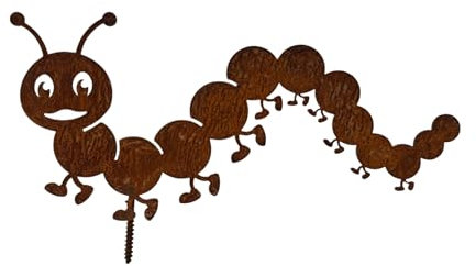 Edelrost Gartenstecker Raupe, 20 cm, Gartendekoration aus Eisen mit Schraube zum eindrehen in Holz Gartendekoration