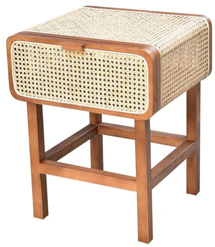 WEIDPHL Boho Rattan Nachttisch, Beistelltische, Holz Nachttische Mit Stauraum, Gewebte Cane Nachttische Für Schlafzimmer Wohnzimmer Balkon,Teak