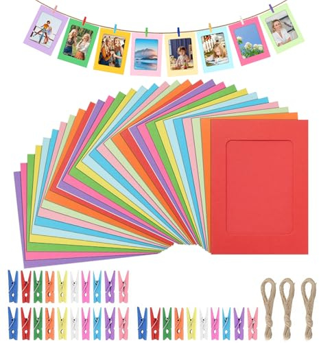 Sauntere 30 Stück Fotogirlande Bilderrahmen Klein, 11,5 x 15,5cm Bilderrahmen Set Bunt Papier Fotowand mit Klammern und 3 Stücke Hanf Seile, Fotovorhang für Geburtstag Hochzeit Wand Home Dekoration