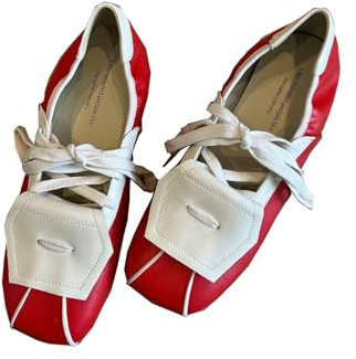 Women's Ballet Sneakers Leather Trendy Lace Up Wide Toe Ballerina Flats Low Toe Mary Jane 2025 Spring Summer Casual Daily Comfortable Footwear (Red,4)