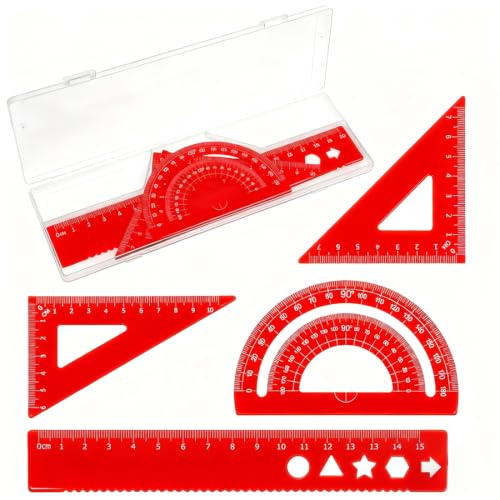 JEYORZY 4 Stück Metall Lineal 15cm Set, Aluminiumlegierung Geodreieck Set Winkelmesser Dreieck Architekten Mathematik Geometrie Werkzeug Maßstab für Schülern Lehrern Architekten Ingenieuren(Rot)